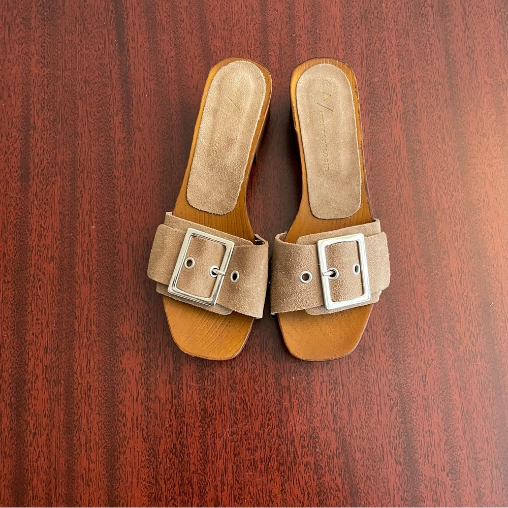 Anthropologie Open Toe Taupe Suede Buckle Sandals - Picture 6 of 8